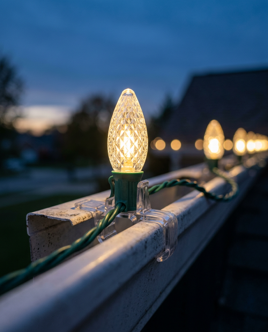 C9 LED bulb clipped to a gutter