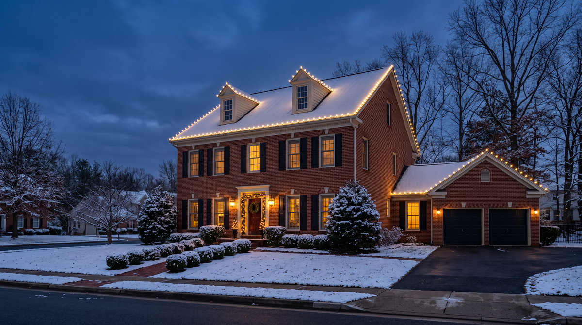 Brick colonial at dusk with warm white C9 roofline lights