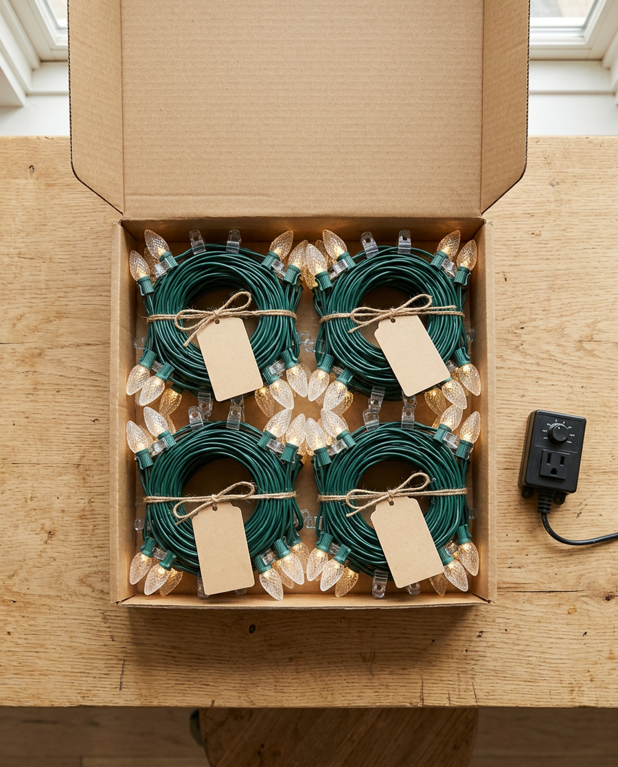 Coiled C9 light runs with bulbs and clips attached, tagged and packed in a box