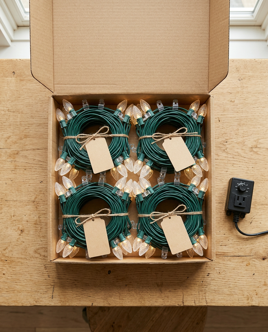 Kit runs coiled with bulbs and clips attached, each tagged by location