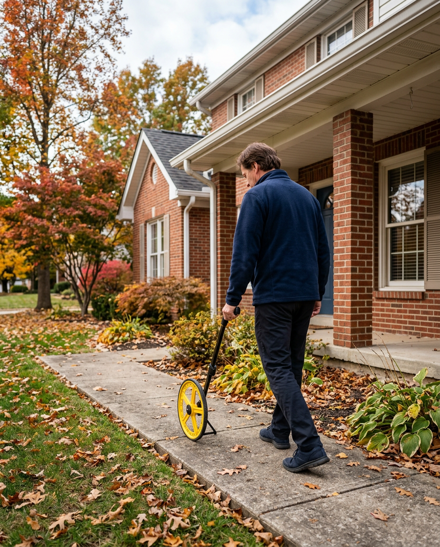 Homeowner measuring along the gutter line with a measuring wheel