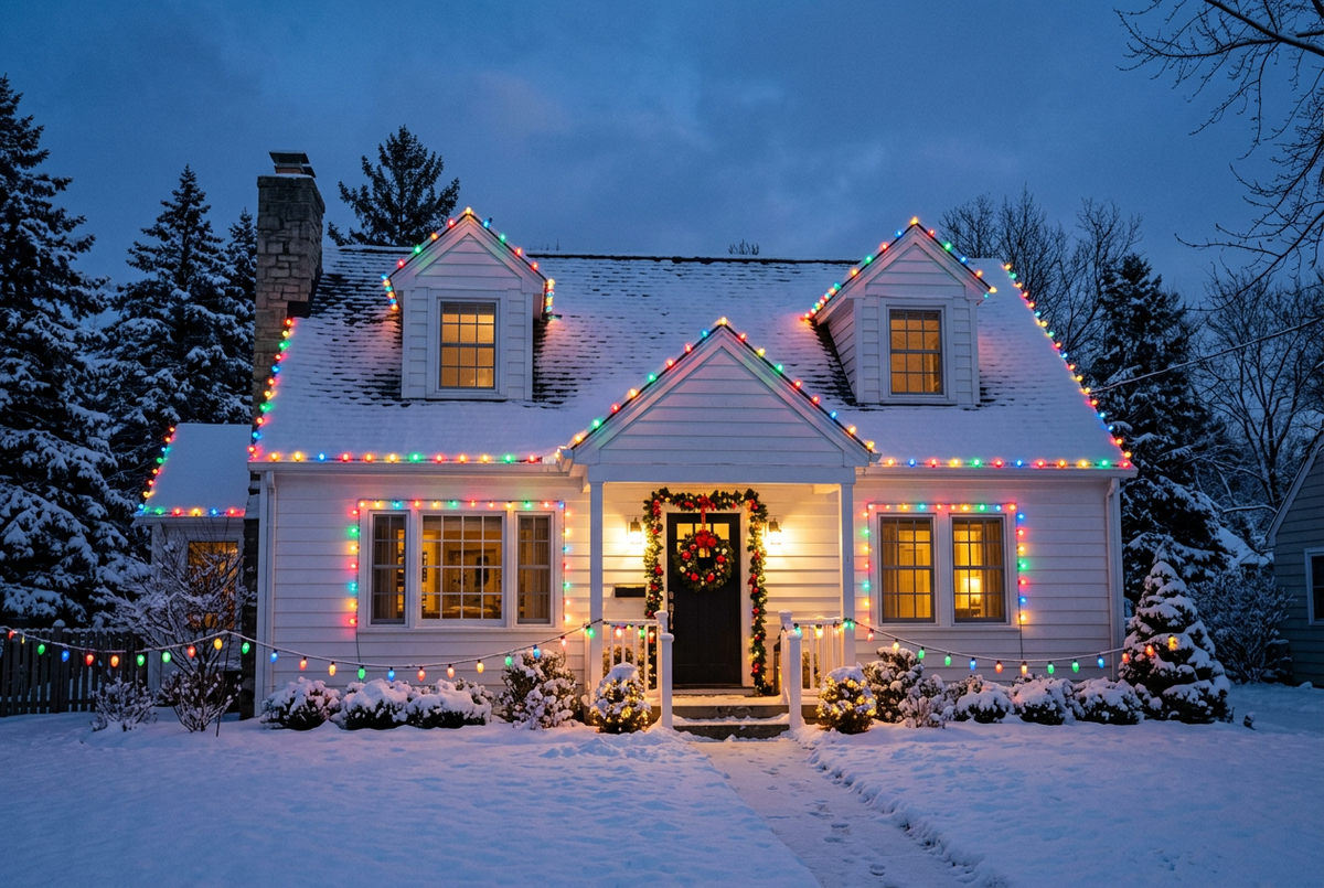 Cape Cod house with multicolor C9 lights on the roofline and dormers