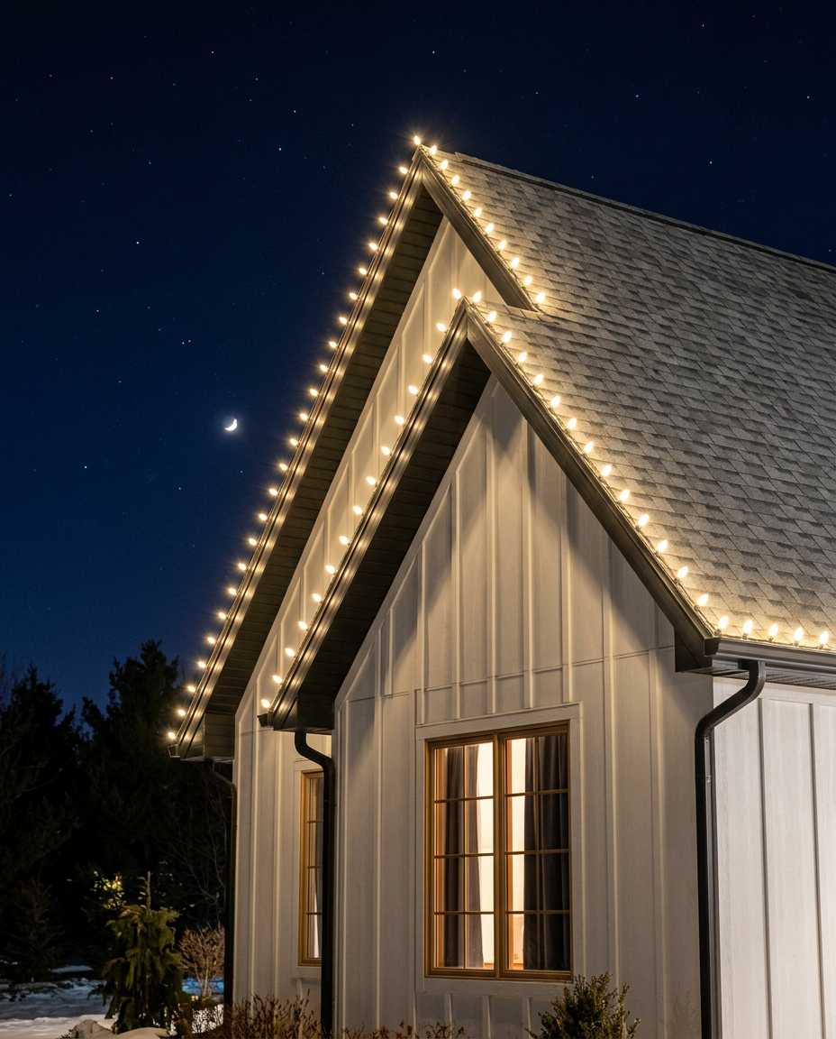 Steep farmhouse gable outlined with warm white C9 lights